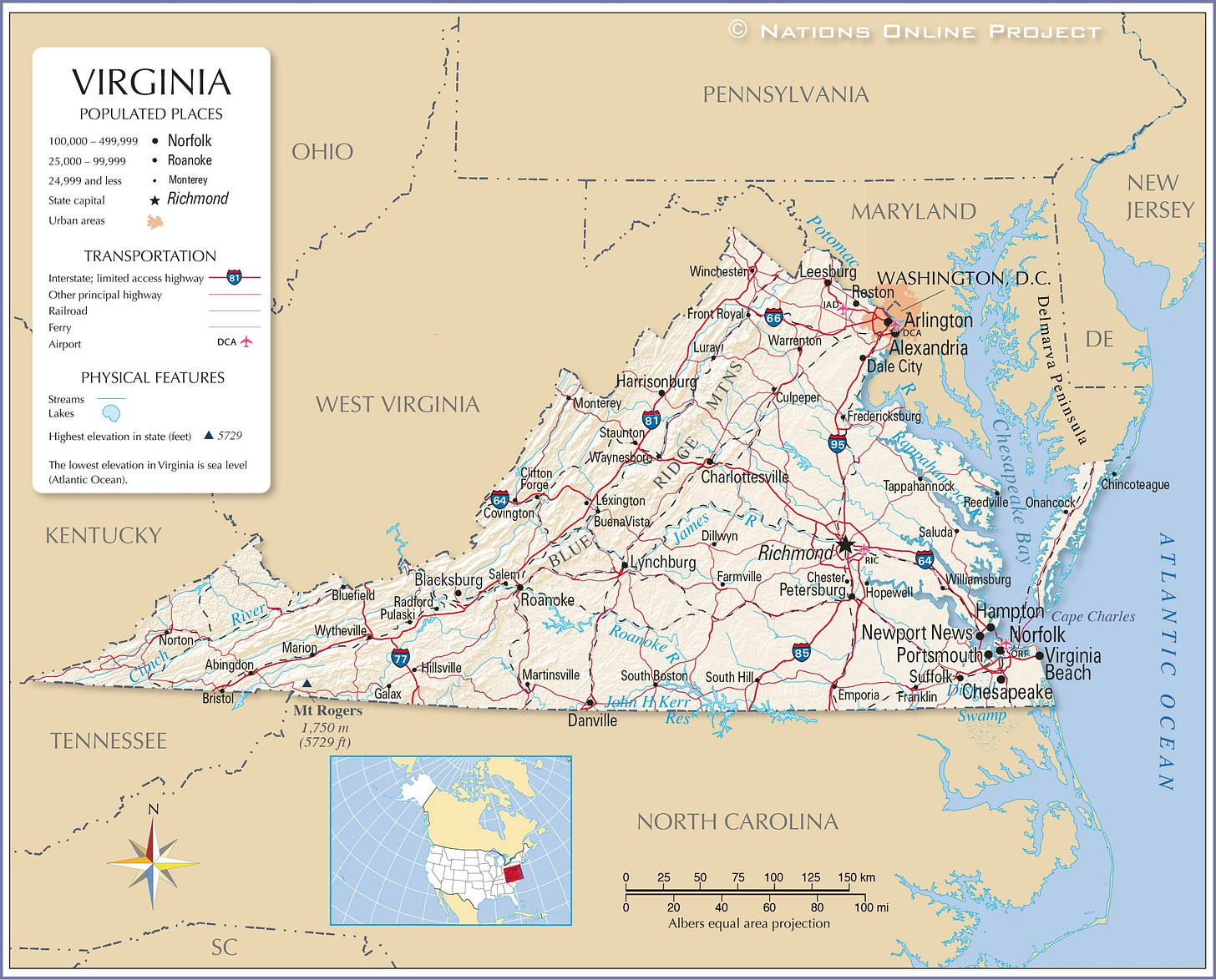 Map of the state of Virginia