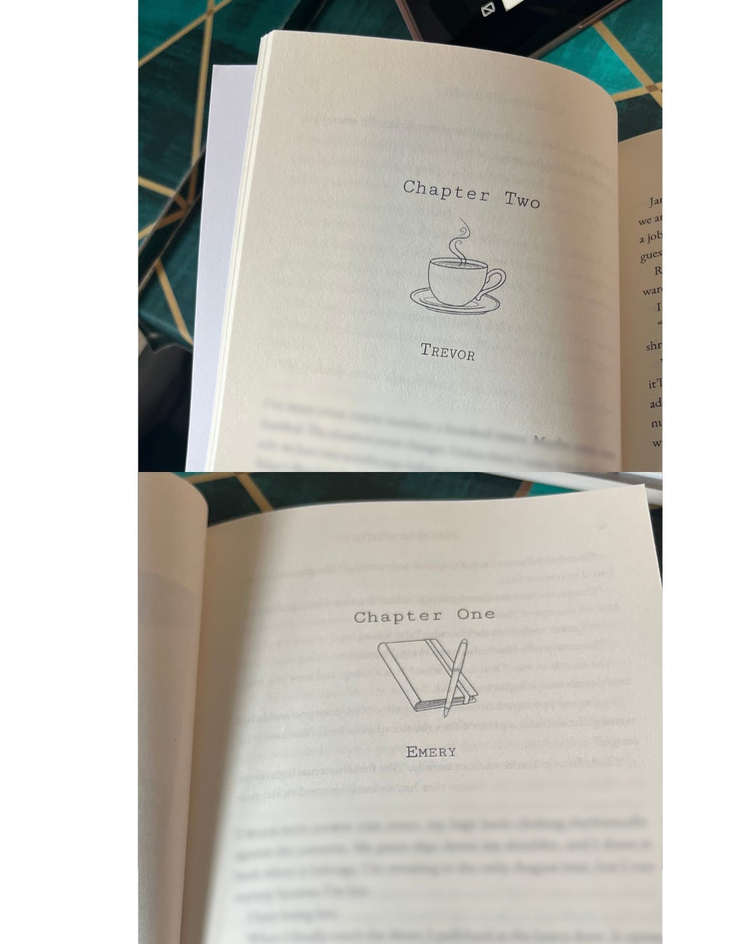 Overlapping images of chapters one and two showing Emery and Trevor's chapter art. There is a notebook for Emery and a coffee cup for Trevor.