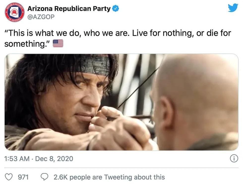 Arizona GOP tweet: This is what we do, who we are. Live for nothing, or die for something."