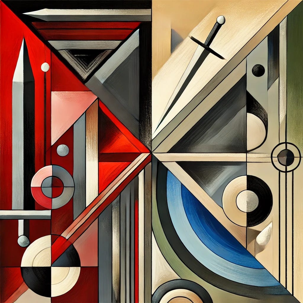 An abstract painting representing the theme of heroic measures versus nuanced, post-heroic solutions. The composition should feature bold, sharp geometric shapes like triangles and swords to symbolize decisive, heroic actions, contrasting with softer, more fluid shapes like circles and curves to represent nuanced, adaptable solutions. Use a color palette that includes strong reds and blacks for the heroic elements, and softer shades of green, blue, and beige for the post-heroic elements, reflecting complexity and thoughtfulness. The background should have a gradient of neutral colors like grey and cream to create a balanced atmosphere. Brushstrokes should vary, with sharp, defined lines for the heroic shapes and gentle, flowing lines for the post-heroic elements, conveying a sense of contrast between rigidity and flexibility. The overall style should be flat and two-dimensional, reflecting the dichotomy between simple, bold decisions and complex, adaptable solutions.