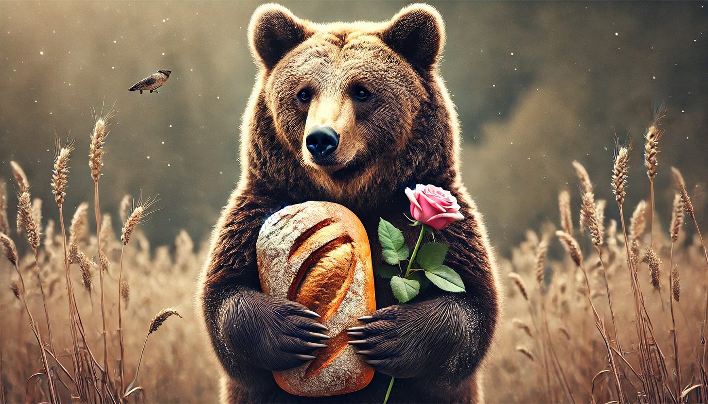 A bear holding a loaf of bread in one paw and a rose in the other. The bear looks gentle and peaceful, standing in a natural setting. The image is detailed, showing the texture of the bear's fur, the crusty surface of the bread, and the delicate petals of the rose. The aspect ratio is 34:21, providing a wide composition that captures the bear and its surroundings in a balanced way.