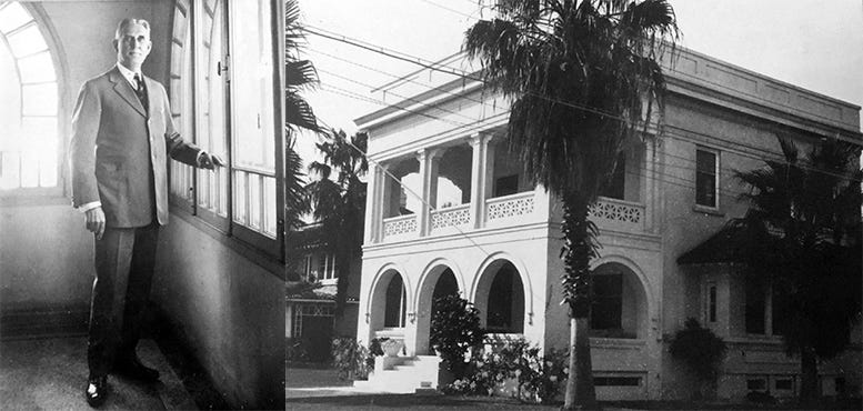 Portrait of E.A. Waddell (left), and his residence (right) which is believed to be the first poured concrete home in Miami when it was constructed in 1898. 