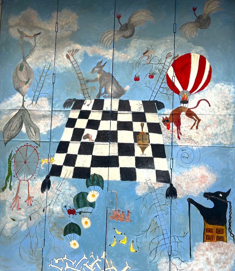 A mural of animals and a checkerboard Description automatically generated