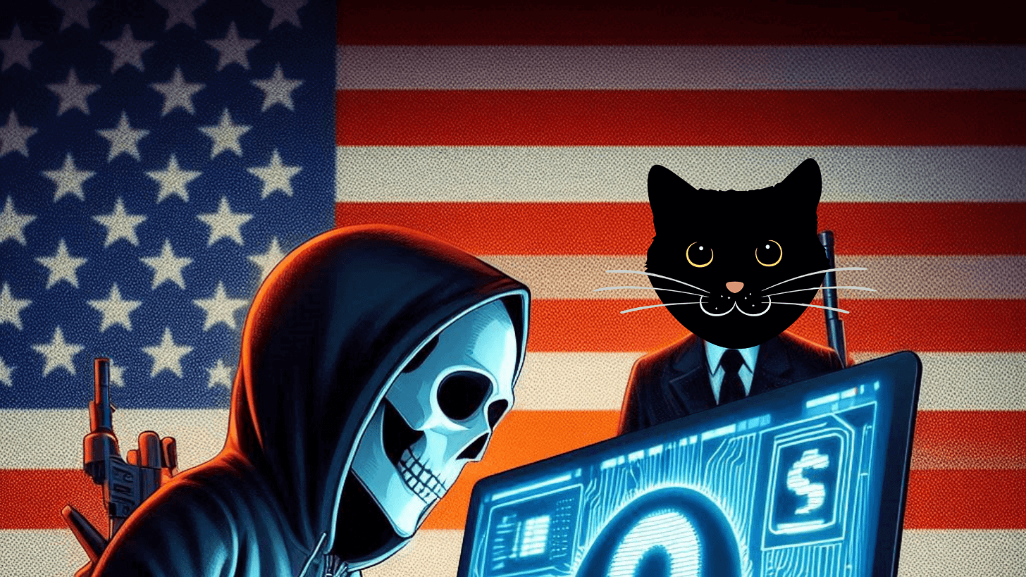 Image of US flag, skeleton hacker and humanoid cat in a suit