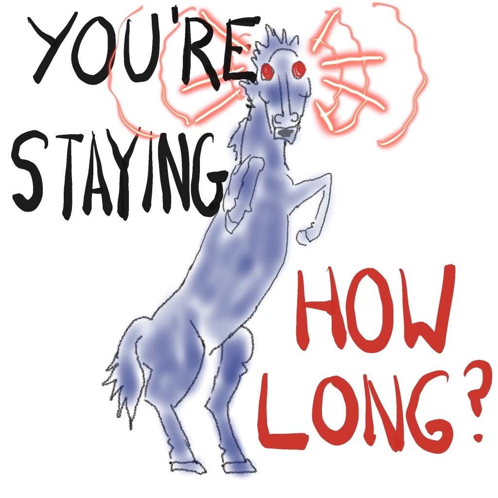 A cartoon of the blue mustang that stands outside Denver International Airport