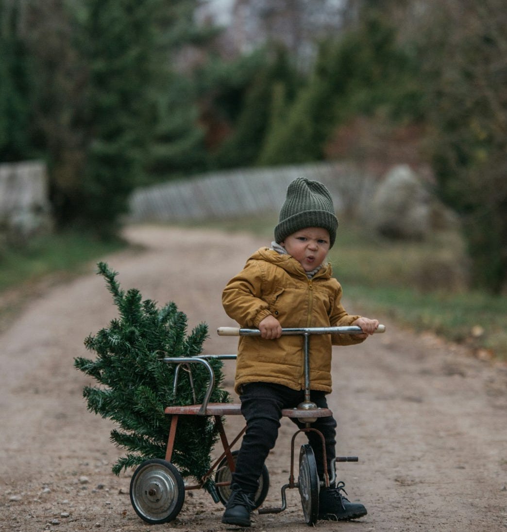 a young boy riding a bike with a christmas tree on the back