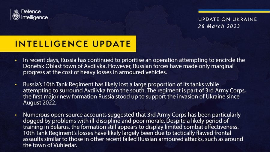 Latest Defence Intelligence update on the situation in Ukraine - 28 March 2023. Please read thread below for full image text.