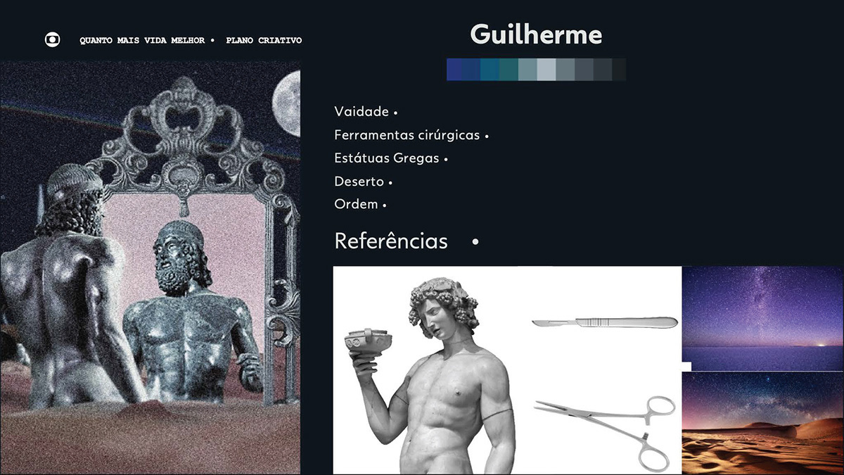 Um painel de tudo que representa Guilherme na abertura: estátuas gregas, ferramentas cirúrgicas, vaidade, deserto, ordem.