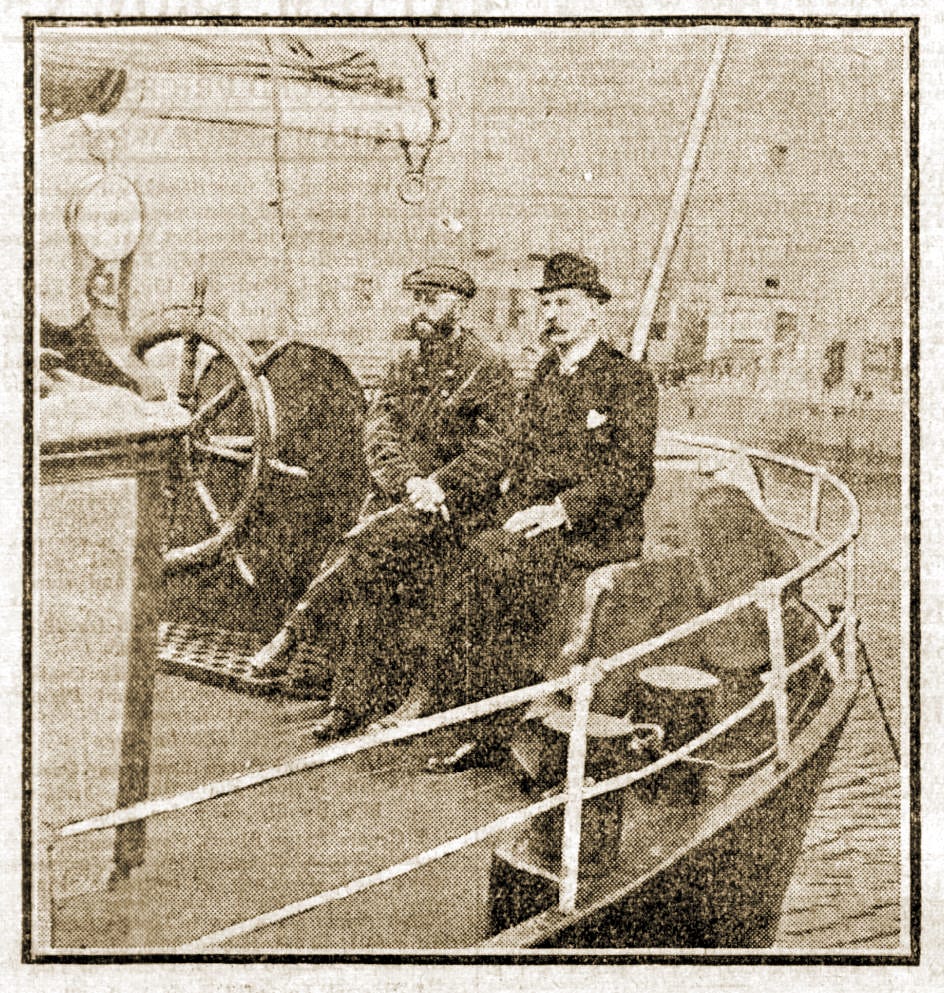 German explorer Bernhard Hantzsch (left) and missionary Reverend Greenshield on board the Jantina Agatha, July 1909 (Dundee Courier)