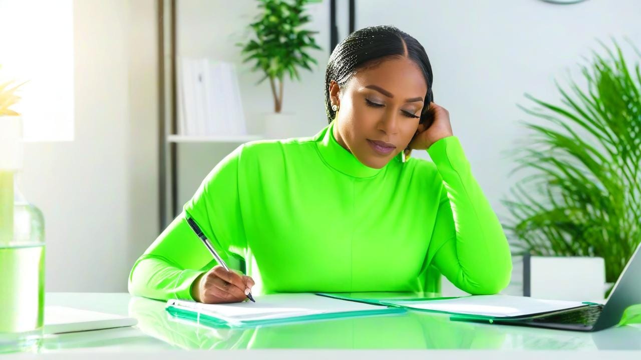 Black Woman with bright green color wearing life Coaching sitting sitting in o different office with water on the table with writing a letter with the sun shining