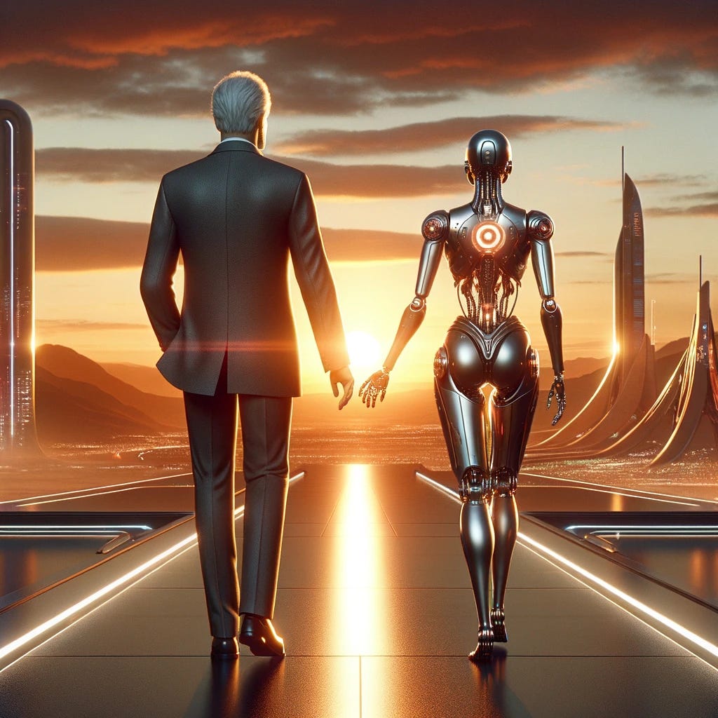 A futuristic scene depicting an older man in a suit walking into the sunset alongside a female robot, viewed from behind. The landscape is futuristic, with advanced architecture and a distant city skyline. The sun setting casts a warm, orange glow. The man appears distinguished with signs of age, wearing a stylish, modern suit that fits the futuristic setting. The robot beside him is sleek and high-tech, with metallic and illuminated elements. They hold hands, their silhouettes against the sunset emphasizing a blend of humanity and future technology.