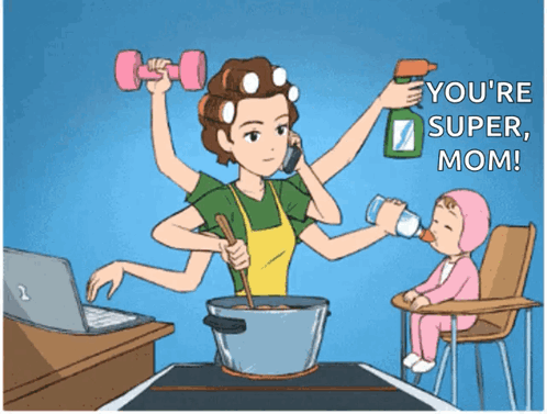 Mother with 6 arms: typing on a laptop, stirring a pot, lifting a weight, cleaning, feeding a baby