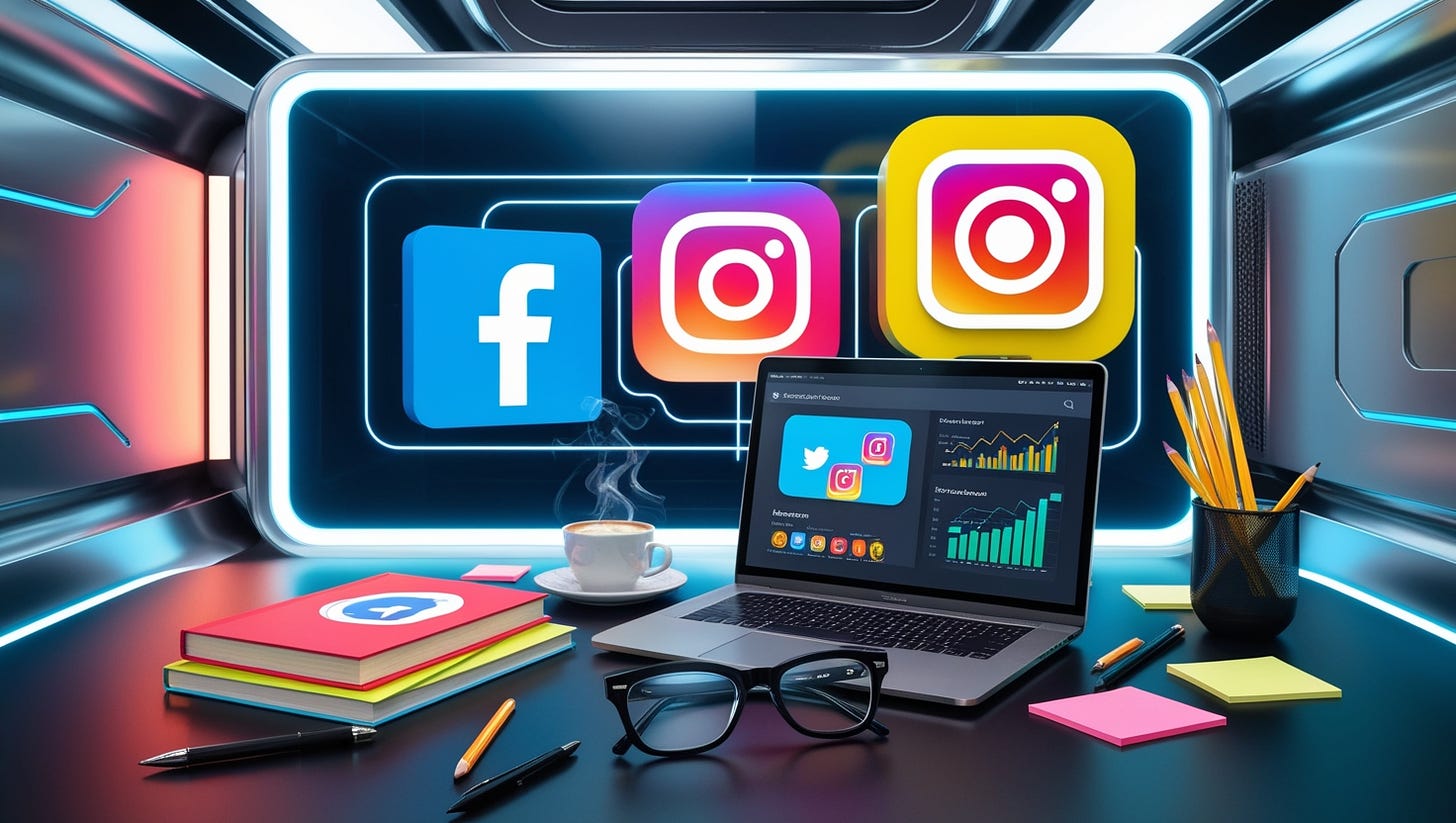 A futuristic, high-tech background with sleek, metallic accents and glowing neon blue lines, featuring a large, semi-transparent screen displaying various social media platform logos in 3D, such as Facebook, Instagram, and Twitter, in bold, vibrant colors like bright blue, red, and yellow. At the center, a stylish, modern table with a sleek, silver laptop and a few scattered social media marketing books with bold, colorful covers, surrounded by post-it notes, pencils, and a cup of steaming hot coffee. On the laptop screen, a dashboard displaying analytics and engagement metrics, with graphs and charts in shades of green, blue, and orange. In the foreground, a pair of trendy, black-framed glasses with a stylus pen lying next to them, hinting at a creative, tech-savvy individual. The overall aesthetic is modern, dynamic, and futuristic, with bold, contrasting colors and sleek lines, conveying a sense of innovation and expertise in social media marketing.