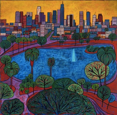 A painting of a city with a lake and trees

Description automatically generated with low confidence
