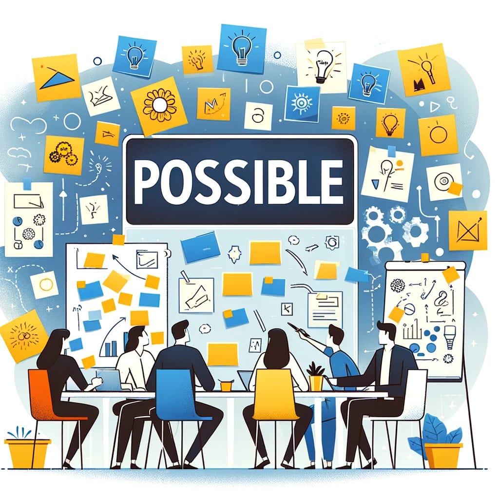 Illustration of a team in a brainstorming session, surrounded by post-it notes and a whiteboard filled with ideas, representing the 'Possible' stage of decision-making. The scene should convey creativity and the generation of a wide array of concepts.