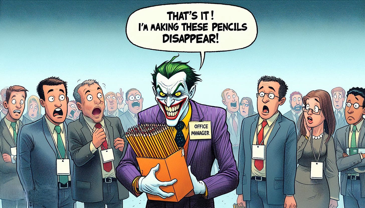 Cartoon illustration: The Joker stands next to a group of corporate employees. The Joker says, "That's it! I'm making these pencils disappear!" His name badge says "Office Manager." The Joker has a menacing grin, holding a large box of pencils. The corporate employees in suits look shocked and upset.