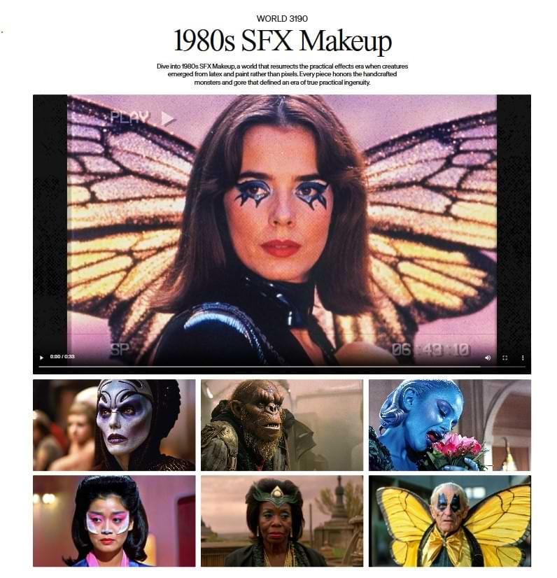 Alt Text: Collage of visuals showcasing '1980s SFX Makeup,' with a central image of a woman wearing butterfly-inspired makeup, surrounded by smaller images of characters with dramatic special effects makeup. Created with Runway's Frames, these AI-generated visuals demonstrate consistent style, color grading, and composition for seamless creative outputs.