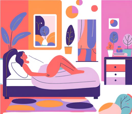 A woman is laying on a bed listening to a meditation recording.  She is in a brightly coloured bedroom with bed, desk and plants - 