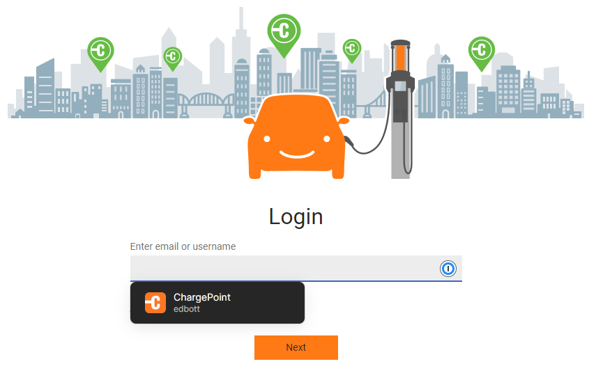 This screenshot shows the Login box from a website, with a box labeled Enter Email or Username. Below that is a box labeled ChargePoint, which will automatically fill in the field if clicked.