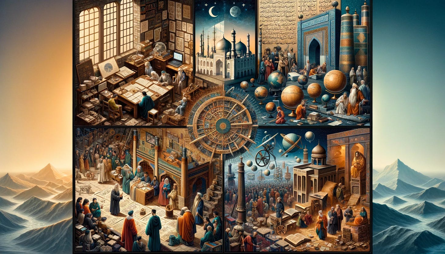 A four-part collage representing iconic periods of historical innovation. In the first quarter, Leonardo da Vinci's workshop during the Renaissance, bustling with activity, where art and science merge, featuring sketches and inventions. The second quarter depicts Baghdad during the Islamic Golden Age, with Middle Eastern scholars and astronomers studying amidst books and celestial globes, symbolizing the House of Wisdom. The third quarter illustrates the Tang dynasty in China, showcasing inventions like woodblock printing, movable type, gunpowder, and the compass, with East Asian scholars and artisans at work. The final quarter shows Ancient Athens, with Greek philosophers engaged in discussion amidst architectural marvels, displaying inventions like the analog computer, gears, and screws. Each section captures the essence of the era's contribution to science, technology, and philosophy.