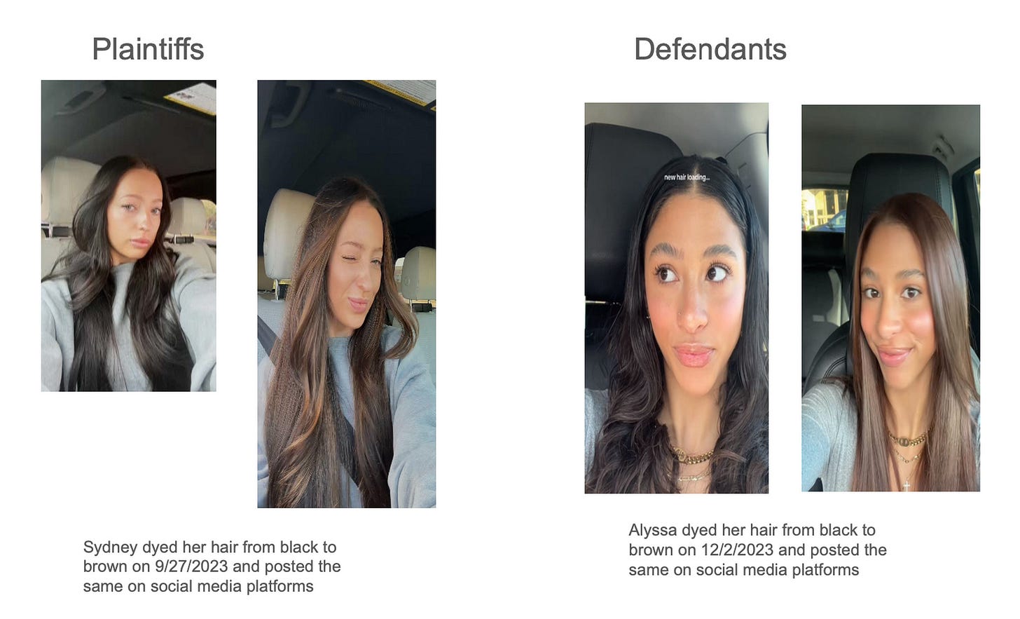 Two sets of photos in court documents. In one, Gifford goes from having dark brown hair to brown. In the other, Sheil has a similar transformation. Gifford says this happened a few months after she dyed her hair.