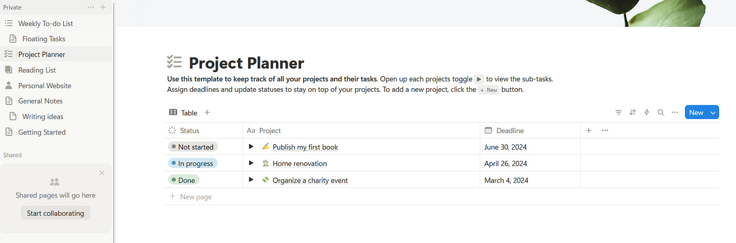 Notion's Project Planner with projects and statuses.