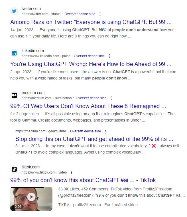 Screenshot of Google results about 99% of people not knowing how to use ChatGPT