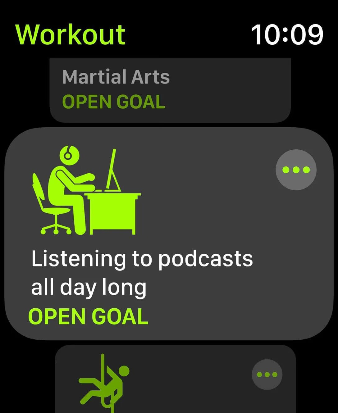 A fake screen grab of the exercise app on apple devices stating the goal of listening to podcasts at a desk all day.