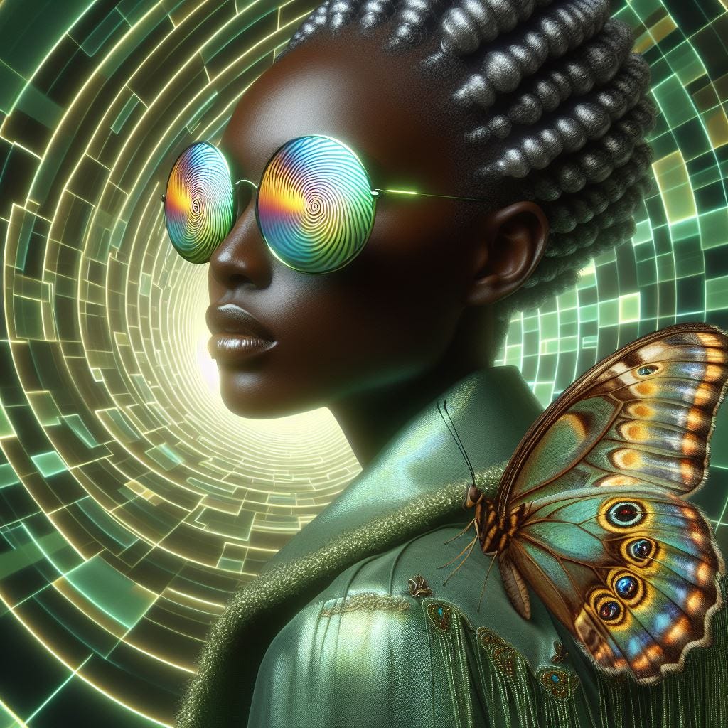 Hyper realistic;Close up black woman wearing irridescent sunglasses with digital code reflected in them.a light green silk cape with Woman in foreground with a jacket made of macro image by charles krebs close up of wing scales of the Prola beauty butterfly, Panacea prola. The background is a spiral of squares. They spiral to a point and disappear in the center of the screen. a dark green background with see through squares with thin neon green and yellow light as trim.