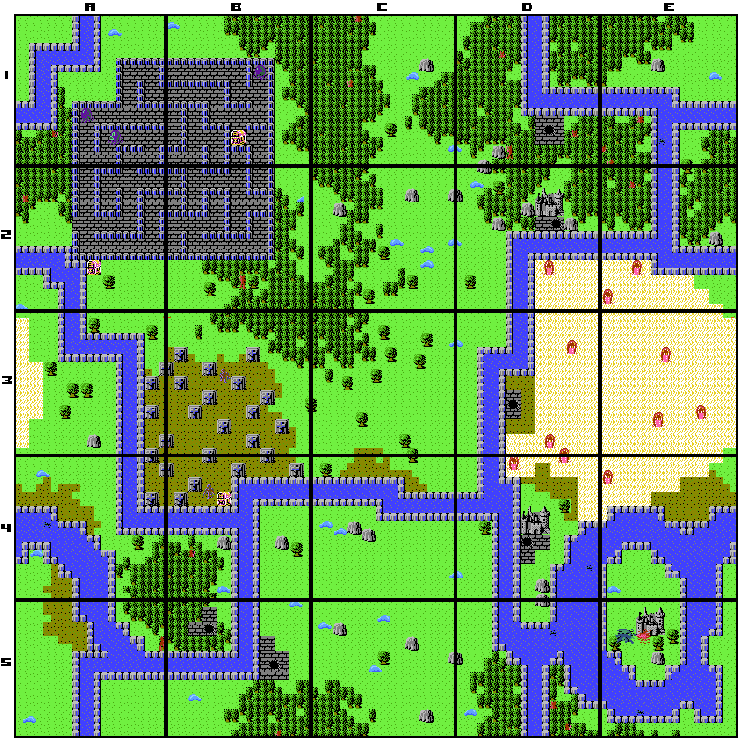 An image composite of Hydlide's 5x5 world map, which features forests, deserts, swamps, dungeons, and the castle you eventually have to head to in order to complete the game.