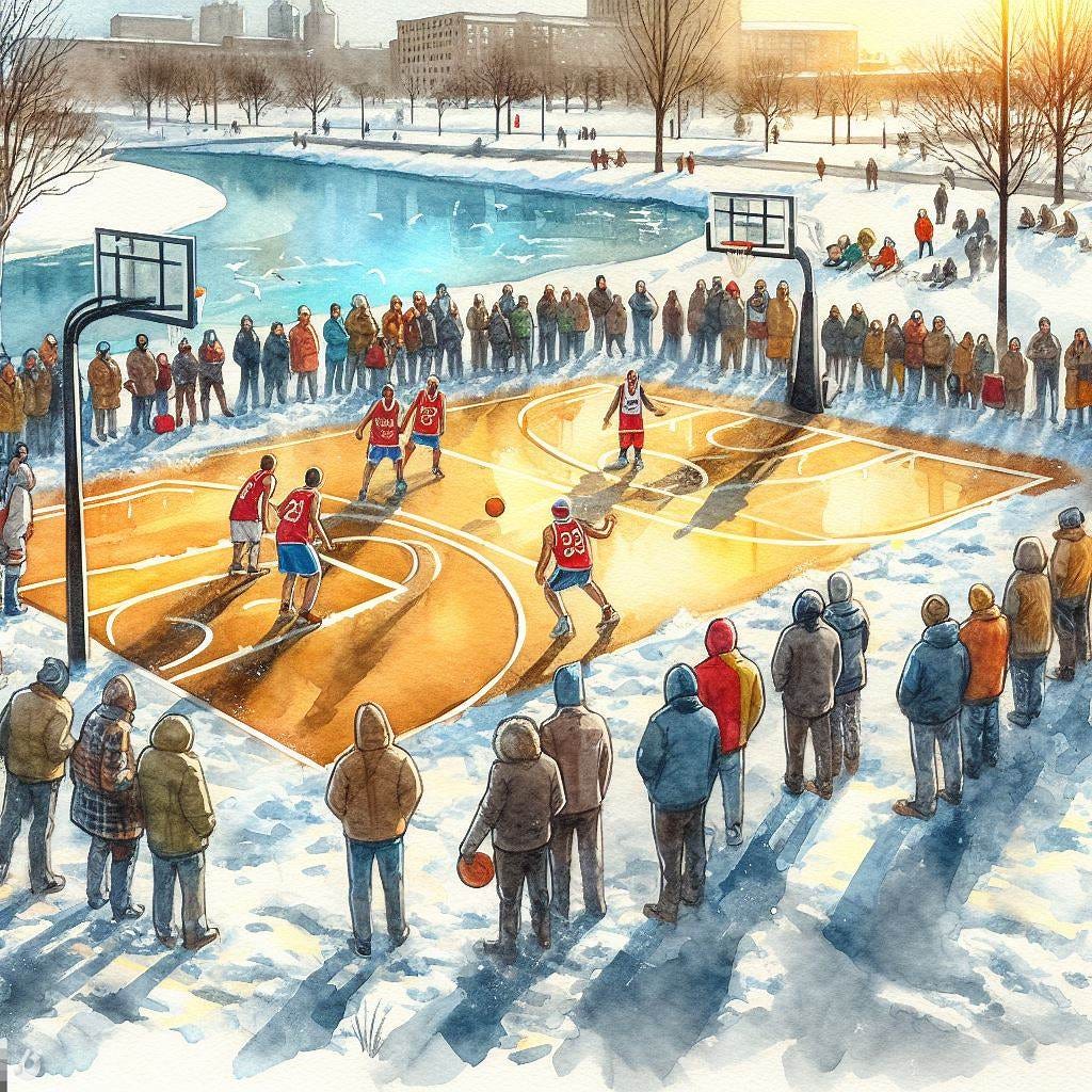 Basketball being played outdoors in a Minnesota winter next to a pond, with fans in attendance, watercolor
