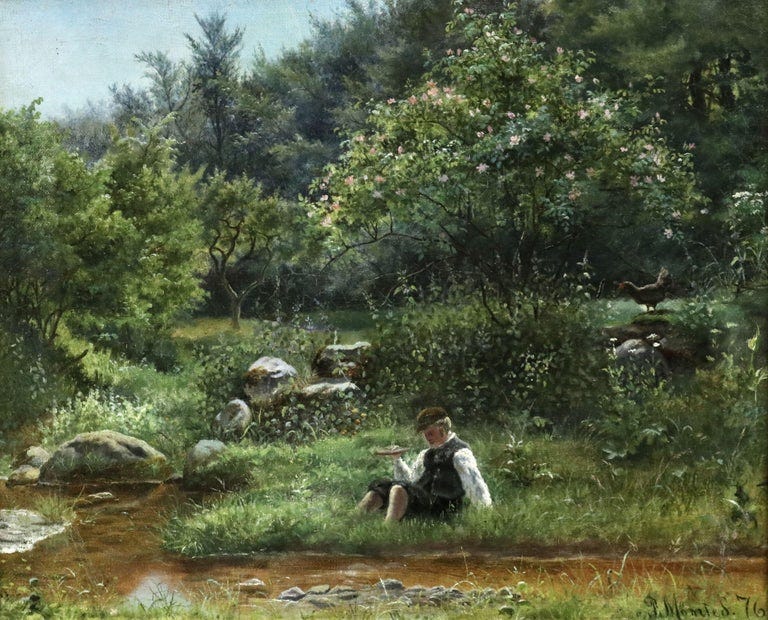 Peder Mørk Mønsted - Young Boy Fishing by Stream - 19th Century Oil,  Figures in Landscape by Monsted at 1stDibs | peter mork monsted
