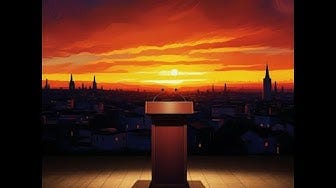 A podium with a microphone in front of a sunset

Description automatically generated