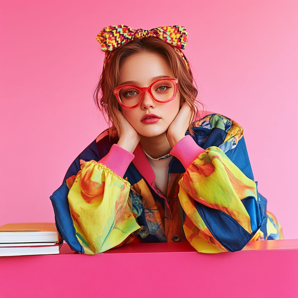 a woman with glassess wearing colorful clothes and colorful accessories sitting on a desk in pink on a flat background magazine key visual for an article. Photorealistic, studio shot. Debt of field a woman with glassess wearing colorful clothes and colorful accessories sitting on a desk in pink on a flat background magazine key visual for an article. Photorealistic, studio shot. Debt of field