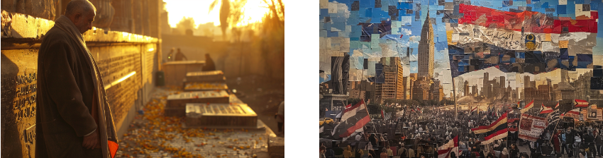 A contemplative elderly man in a sunlit cemetery on the left; on the right, a collage of a large protest with Egyptian flags and a city skyline.