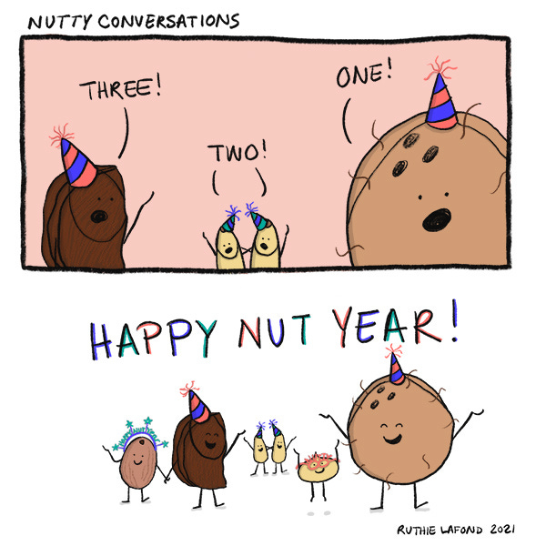 The nuts are all wearing party hats. They are counting down to the new year. Happy New Year!