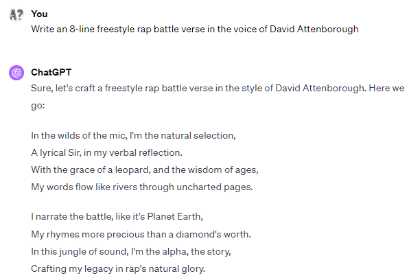 A freestyle rap verse in the style of David Attenborough, written by ChatGPT