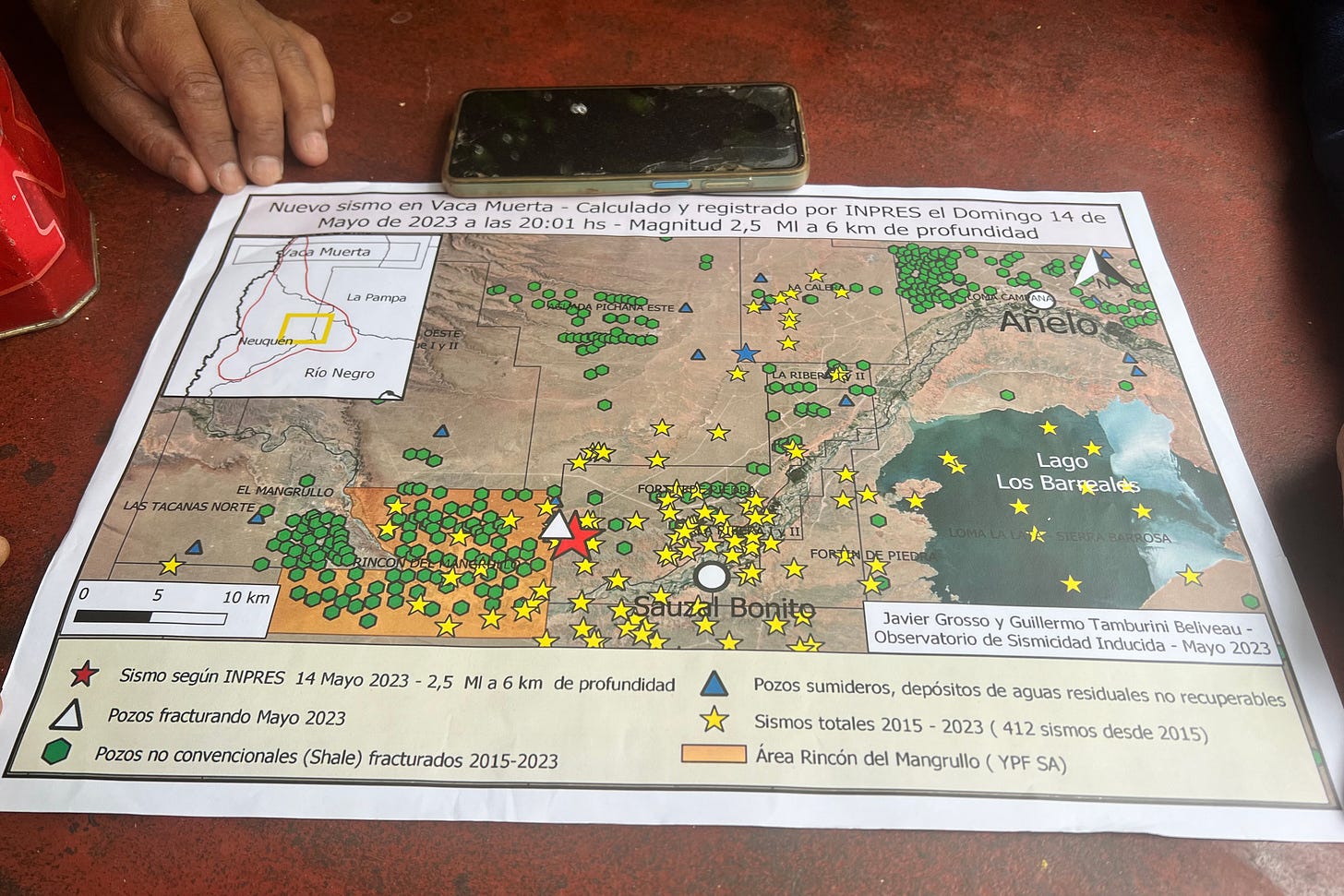 A map created by Javier Grosso depicting unconventional oil and gas operations and seismic activity in Vaca Muerta, a 30,000 square kilometer shale deposit. Credit: Katie Surma/Inside Climate News