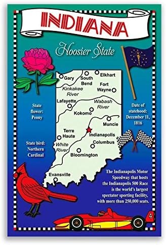 INDIANA STATE MAP postcard set of 20 identical postcards. Post cards with IN map and state symbols. Made in USA.