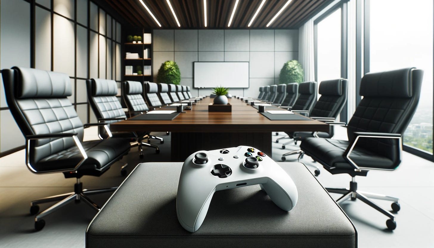 Photo of a modern corporate boardroom with an Xbox controller strategically placed on the table. The room exudes a sense of power and decision-making, with the gaming controller adding a touch of creativity and innovation to the setting.