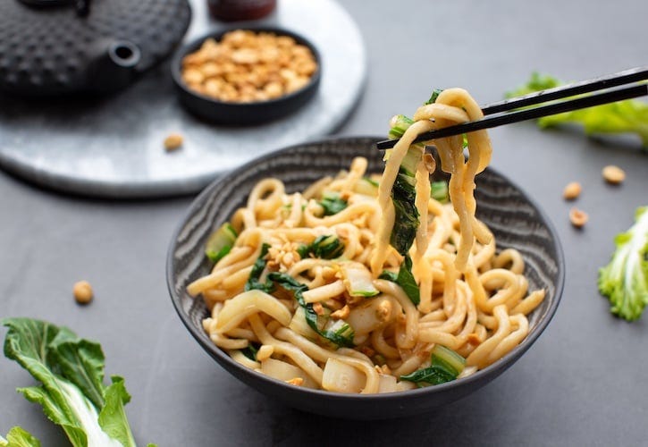 Warm or cold udon noodles with bok choy