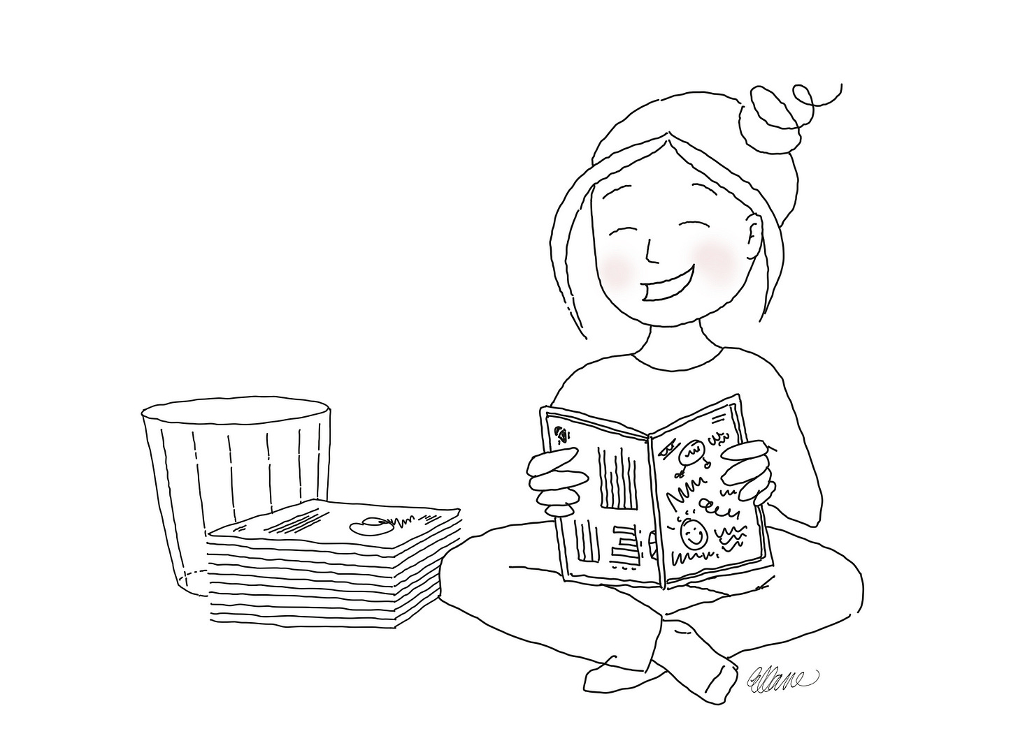 Cartoon lineart showing a person sitting crosslegged on the floor, holding out an open notebook with writing inside it. Next to them is a stack of printed paper, and an empty wastepaper bin.