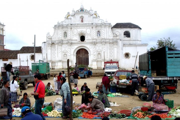 guatemala, open, market, front, church, Comalapa