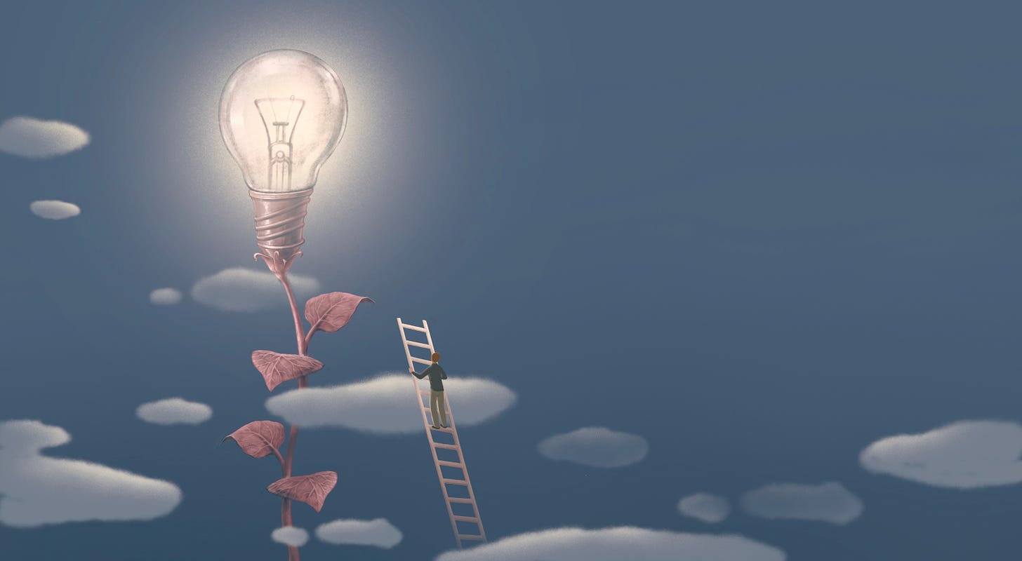 Image of a person climbing a ladder in the sky to a high light bulb growing from a plant. Whimsical