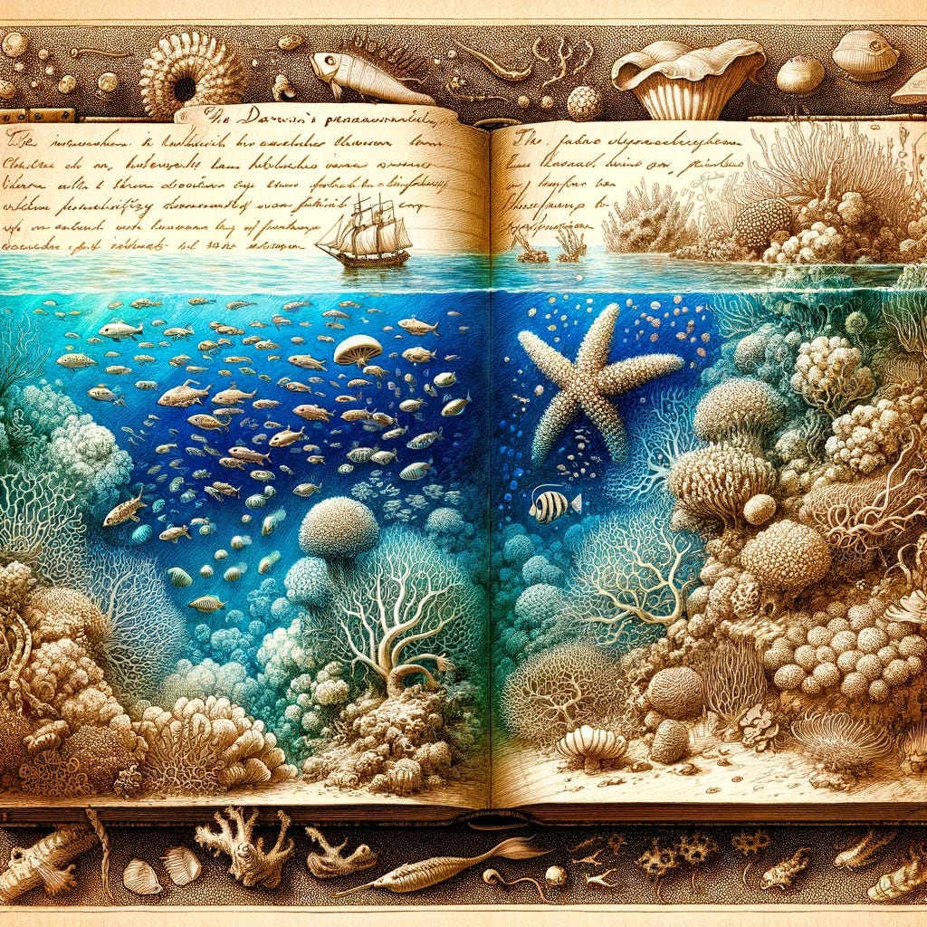 Create an illustration in the style of a sketch from one of Charles Darwin's notebooks. The drawing should capture the essence of Darwin's paradox in coral reefs, depicting a vibrant and detailed scene of a coral reef ecosystem thriving in clear, nutrient-poor waters. Include sketches of coral polyps, symbiotic algae zooxanthellae, various reef fish, and the intricate nutrient cycling within the ecosystem. Emphasize the biodiversity and the paradox of such a lush life system existing in an environment lacking in nutrients, all framed as if Darwin himself had observed and sketched this scene during his journey on the HMS Beagle. The illustration should convey a sense of wonder and scientific curiosity, reminiscent of Darwin's own sketches and observations from his explorations.