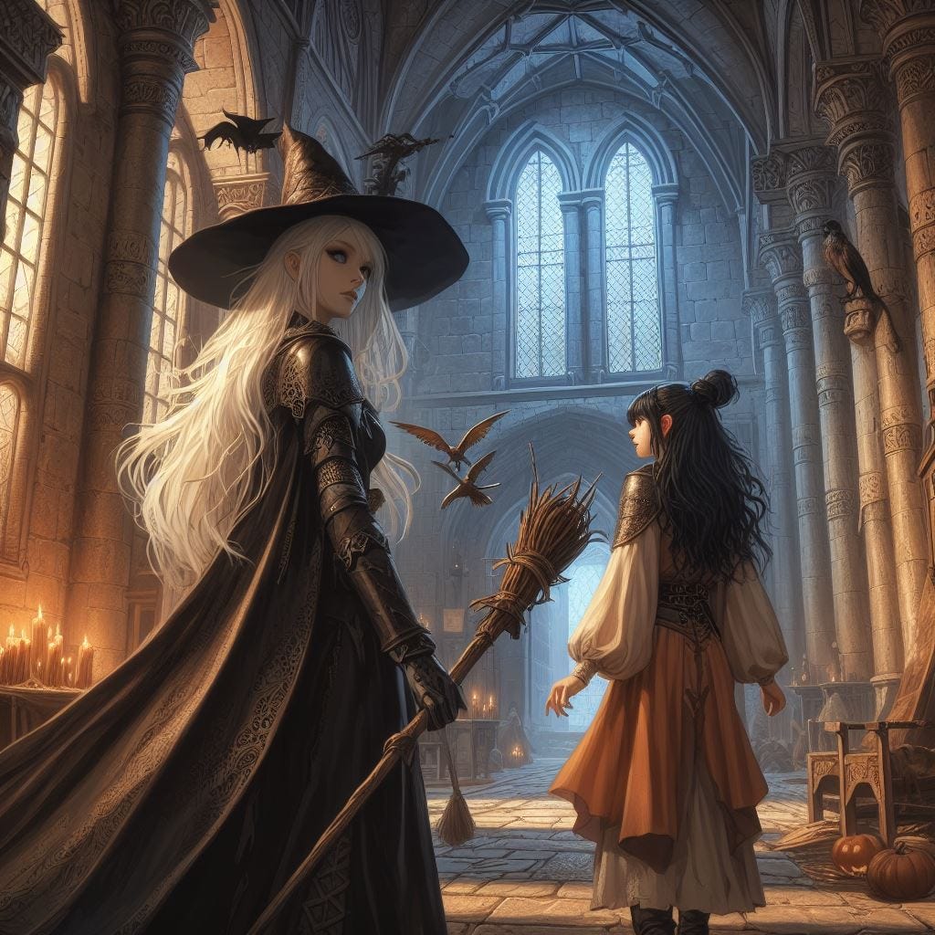 21 year old blonde human witch, 24 year old black-haired human lady, medieval attire, castle interior, afternoon, dungeons and dragons fantasy drawing