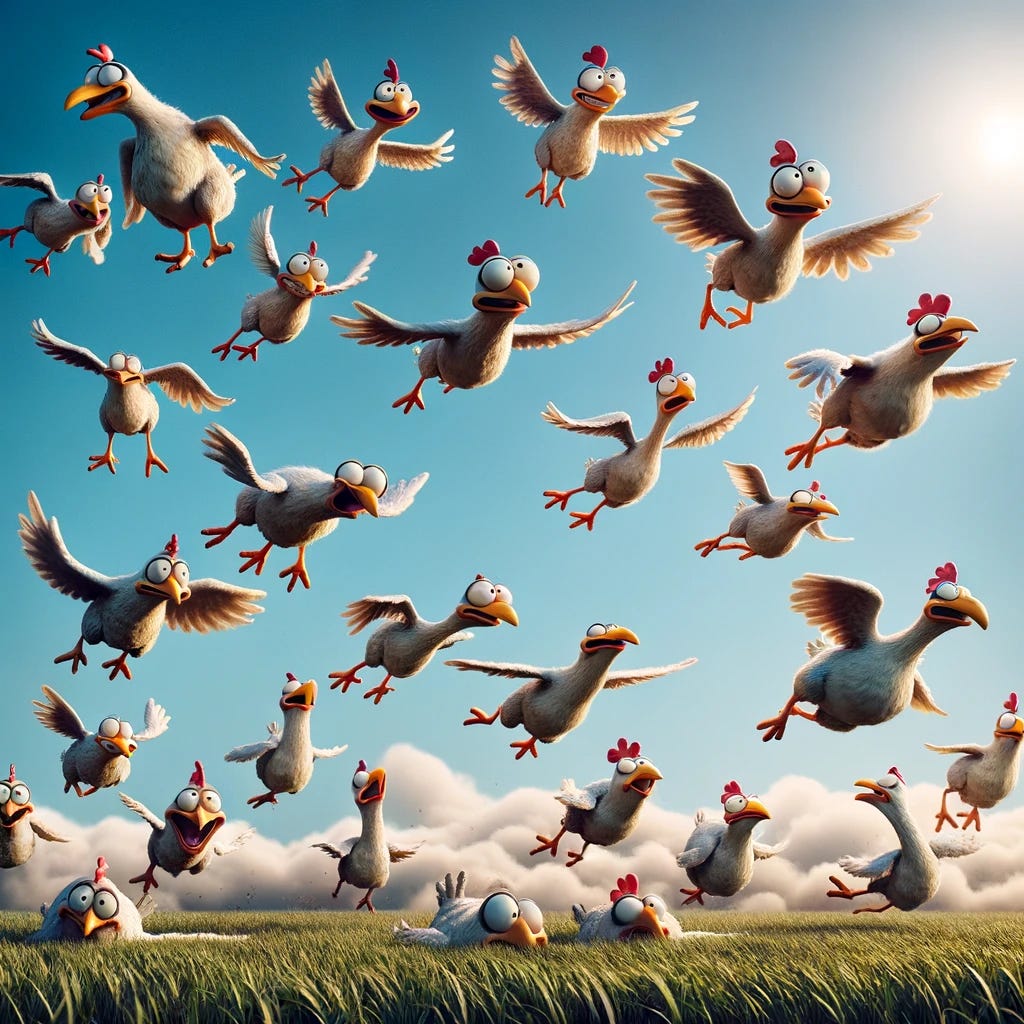 A whimsical scene close to the ground with a clear sky as the backdrop. Cartoonish chickens are flapping their wings haphazardly, barely lifting off the ground. They appear clumsy and comical, with exaggerated expressions and frantic movements. The setting is a grassy field, under a vast, mostly empty sky. This scene captures the humorous and chaotic nature of chickens trying to fly, with a few clouds floating lazily in the background.