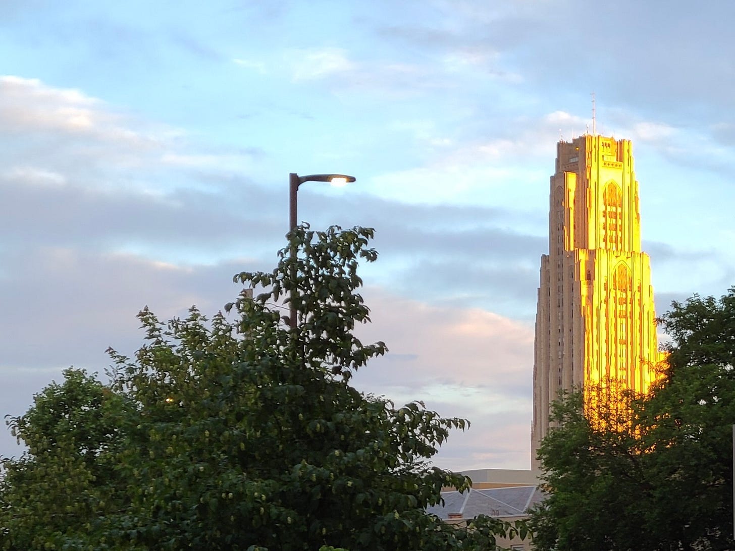 A photo of the top of the Cathedral of Learning, a stone tower covered in windows, above trees. The Cathedral is bright yellow-gold and the sky behind it is a light blue. A photo of the top of the Cathedral of Learning, a stone tower covered in windows, above trees. The Cathedral is bright yellow-gold and the sky behind it is a light blue.
