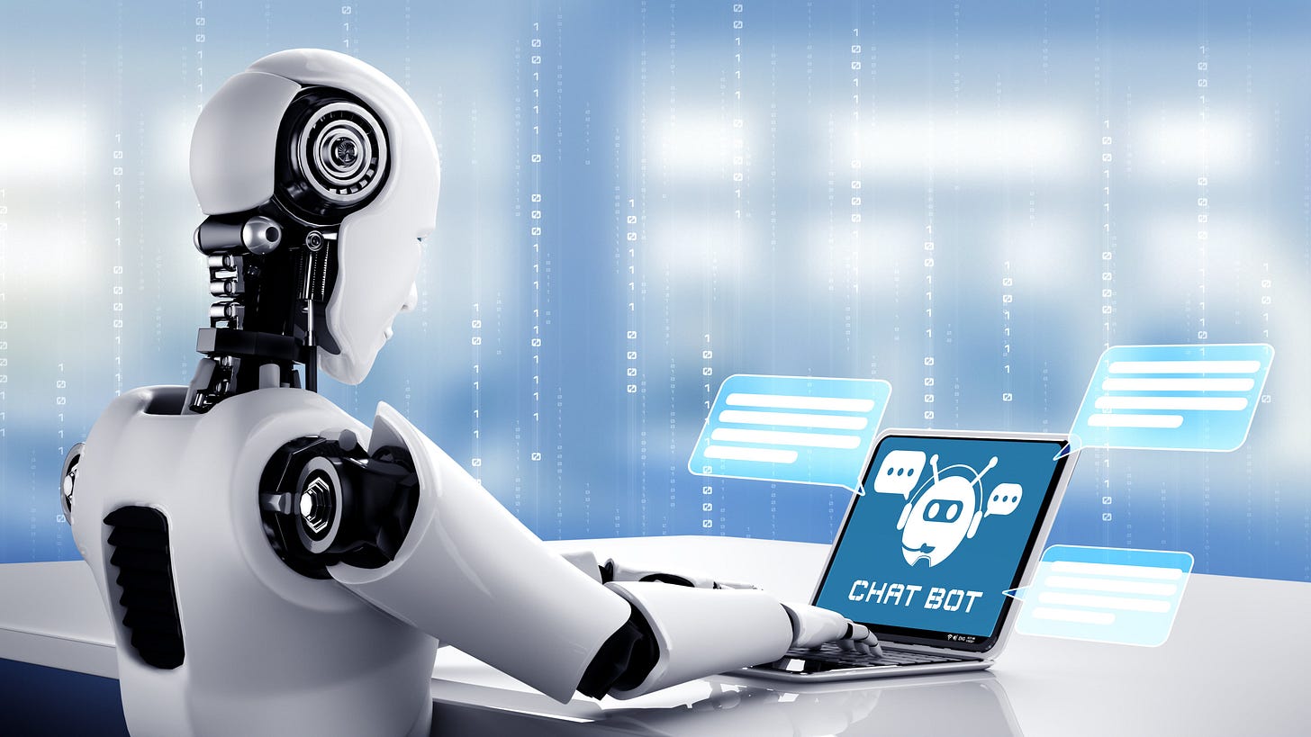 Illustration of AI robot using computer to chat with customer