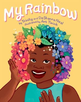 Book cover: girl with flowers in rainbow colors on her head